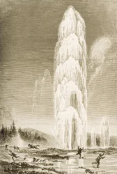 Der ausbrechende Giantess-Geysir im Yellowstone-Nationalpark in den 1870er Jahren, ca. 1880